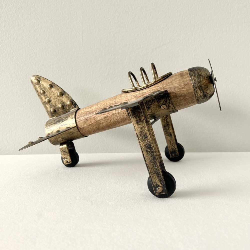 AIRPLANE Replica Wood Metal Bronze Spinning Propeller Wheels Handcrafted Vintage